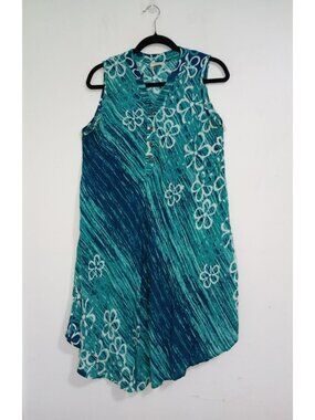Seven Islands Tunic Dress Sleeveless Size L Floral Aqua Blue 100% Rayon Women